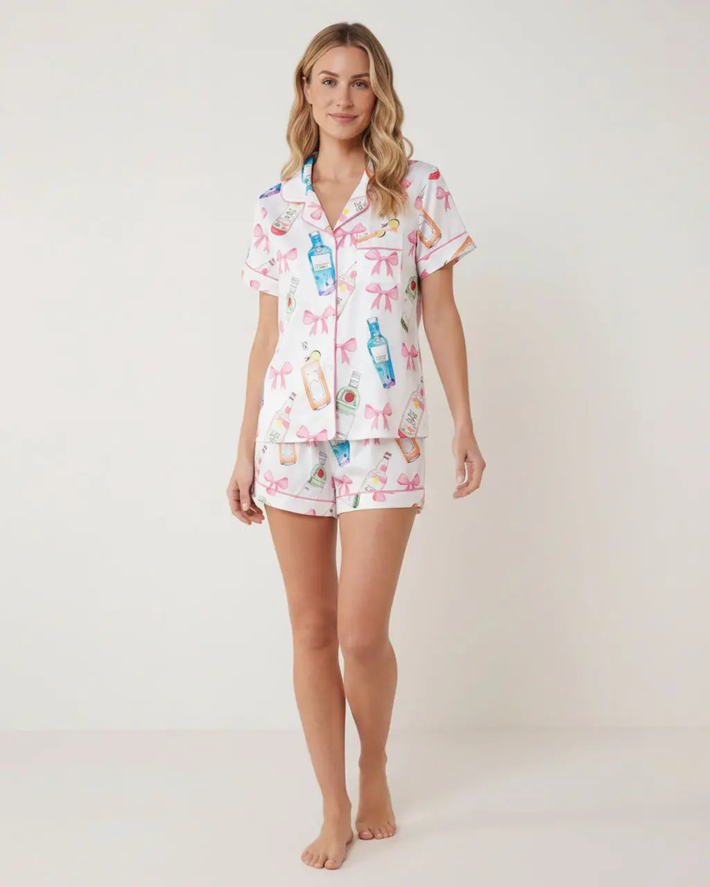 Champagne Bow Print Button-Up Pajama Set - OMFORT