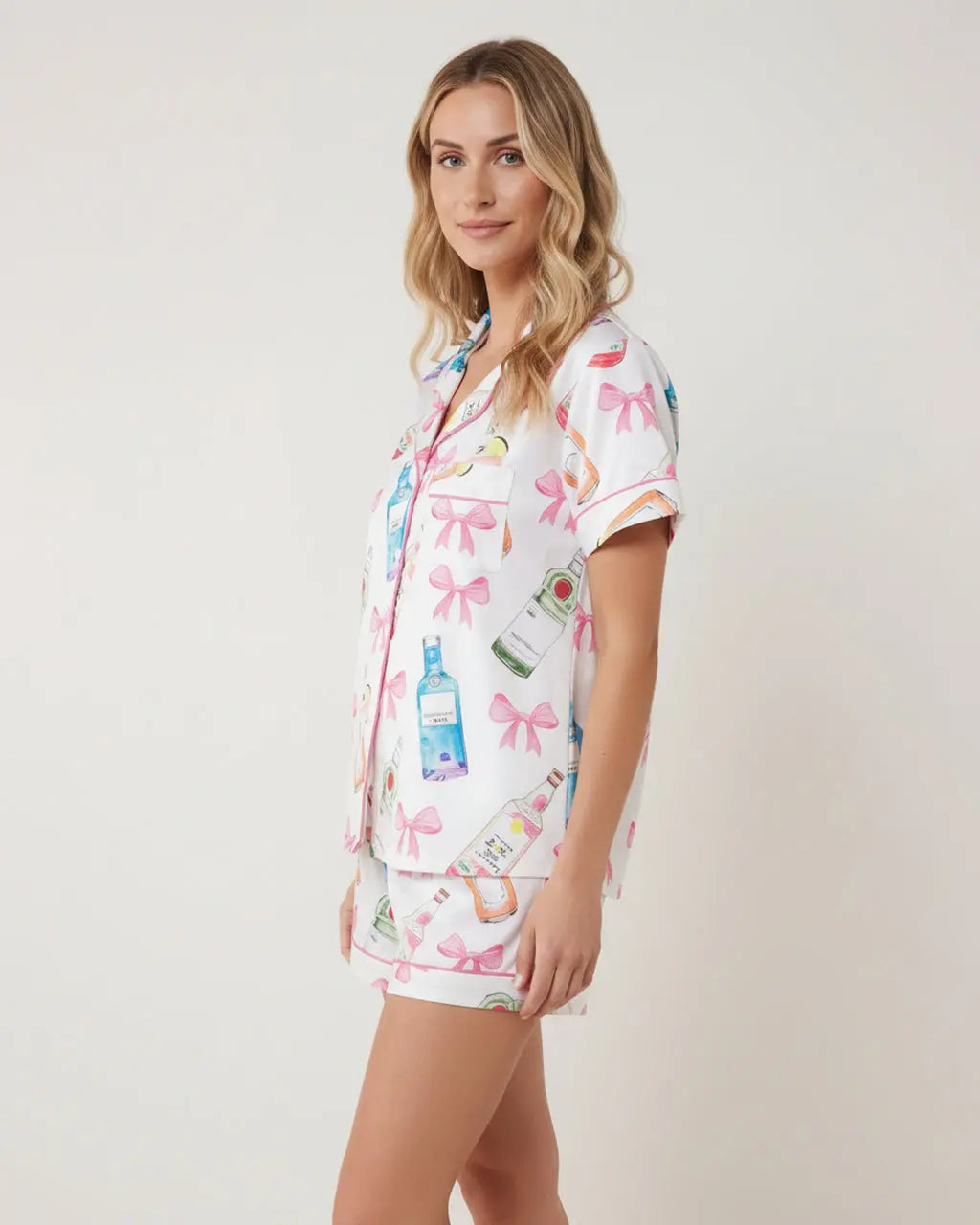 Champagne Bow Print Button-Up Pajama Set - OMFORT