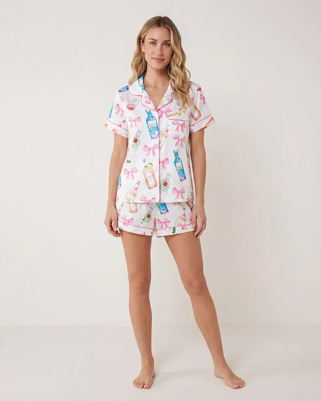 Champagne Bow Print Button-Up Pajama Set - OMFORT