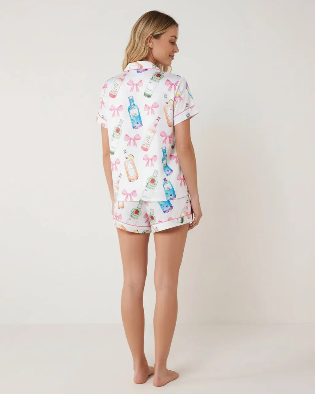 Champagne Bow Print Button-Up Pajama Set - OMFORT