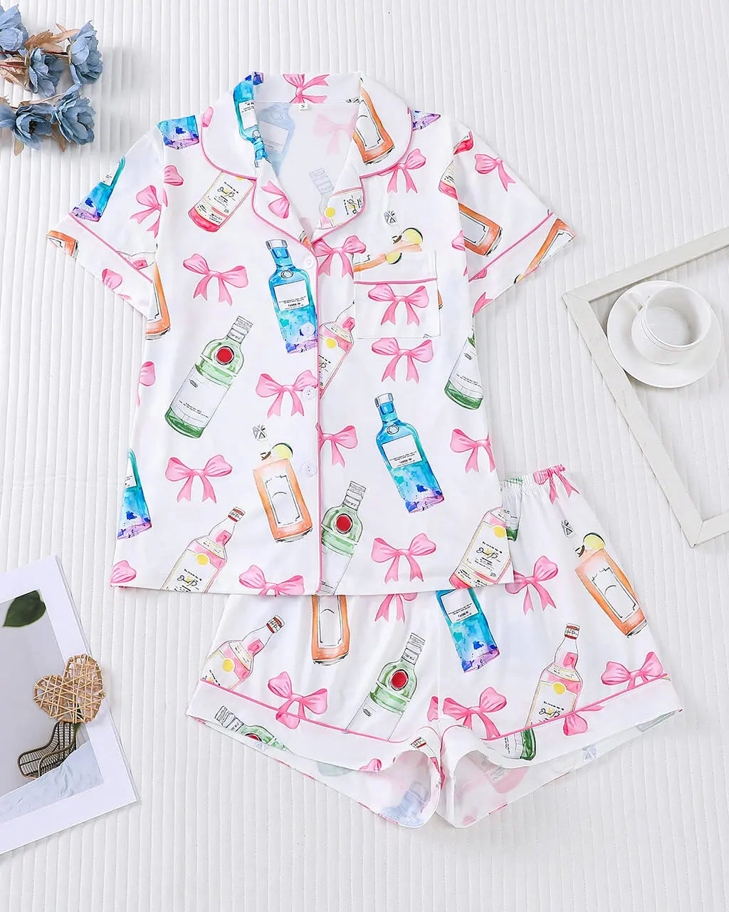 Champagne Bow Print Button-Up Pajama Set - OMFORT