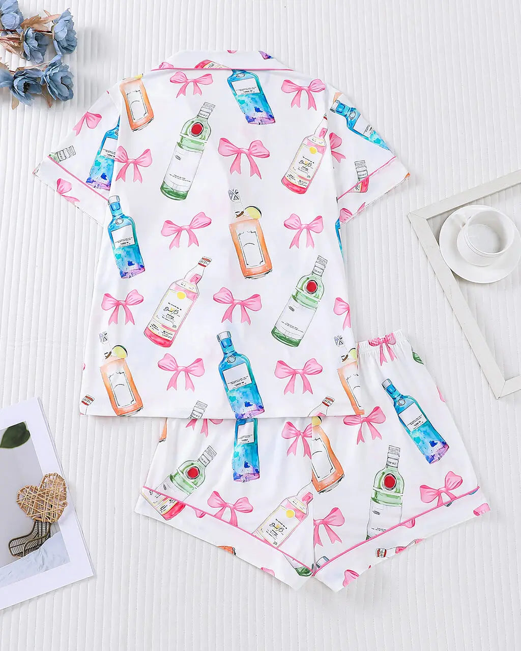 Champagne Bow Print Button-Up Pajama Set - OMFORT