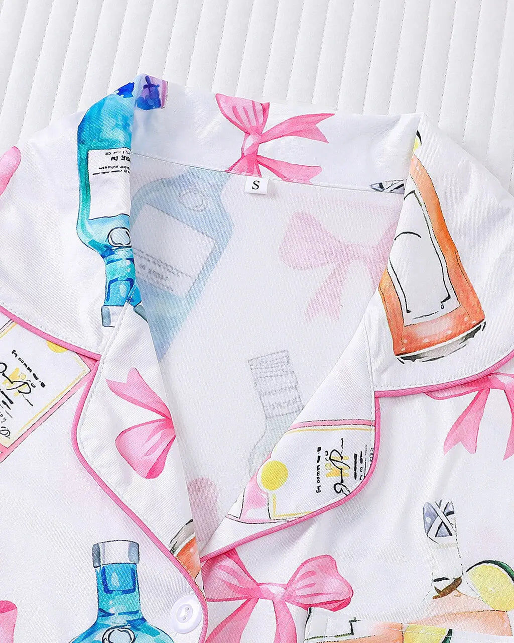 Champagne Bow Print Button-Up Pajama Set - OMFORT