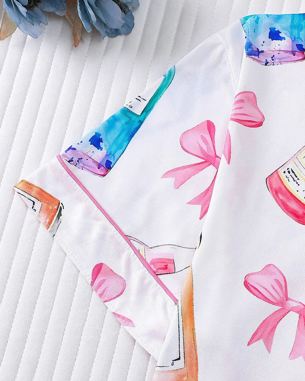 Champagne Bow Print Button-Up Pajama Set - OMFORT