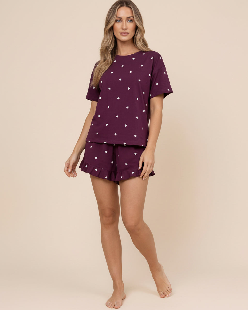 Heart Print Short Sleeve Lounge Set OMFORT