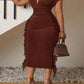Elegance Solid  Slim Fit Deep V-Neck Fringe Patchwork Midi Dress OMFORT