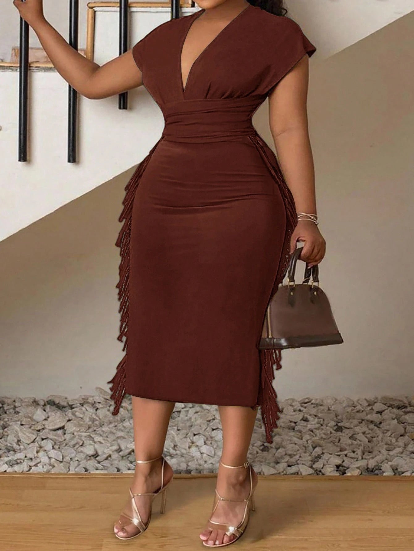 Elegance Solid  Slim Fit Deep V-Neck Fringe Patchwork Midi Dress OMFORT