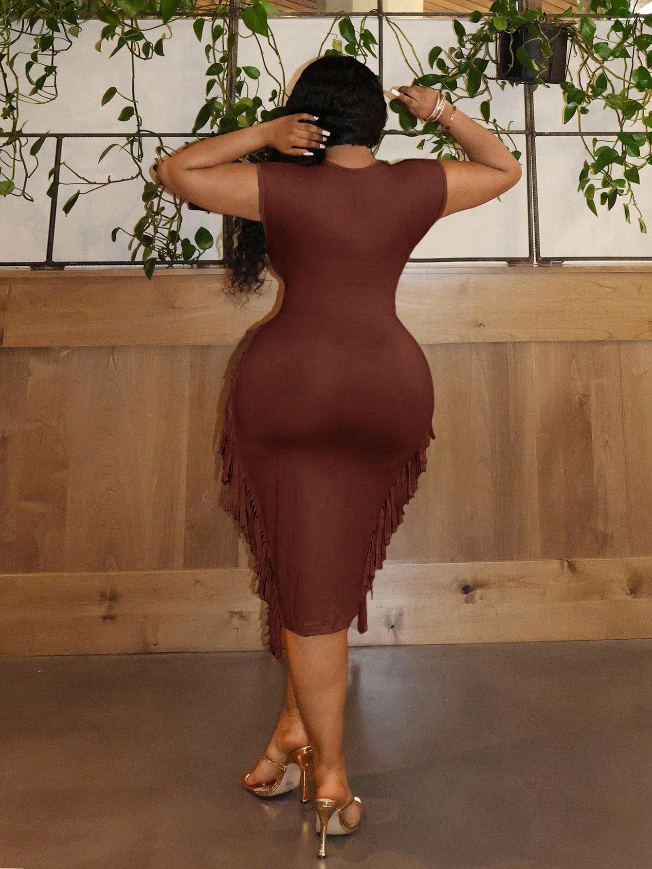 Elegance Solid  Slim Fit Deep V-Neck Fringe Patchwork Midi Dress OMFORT