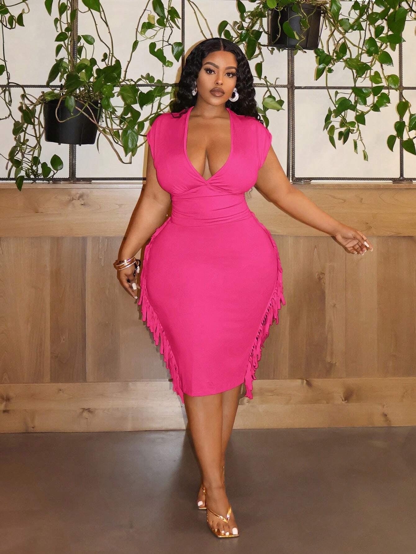 Elegance Solid  Slim Fit Deep V-Neck Fringe Patchwork Midi Dress OMFORT