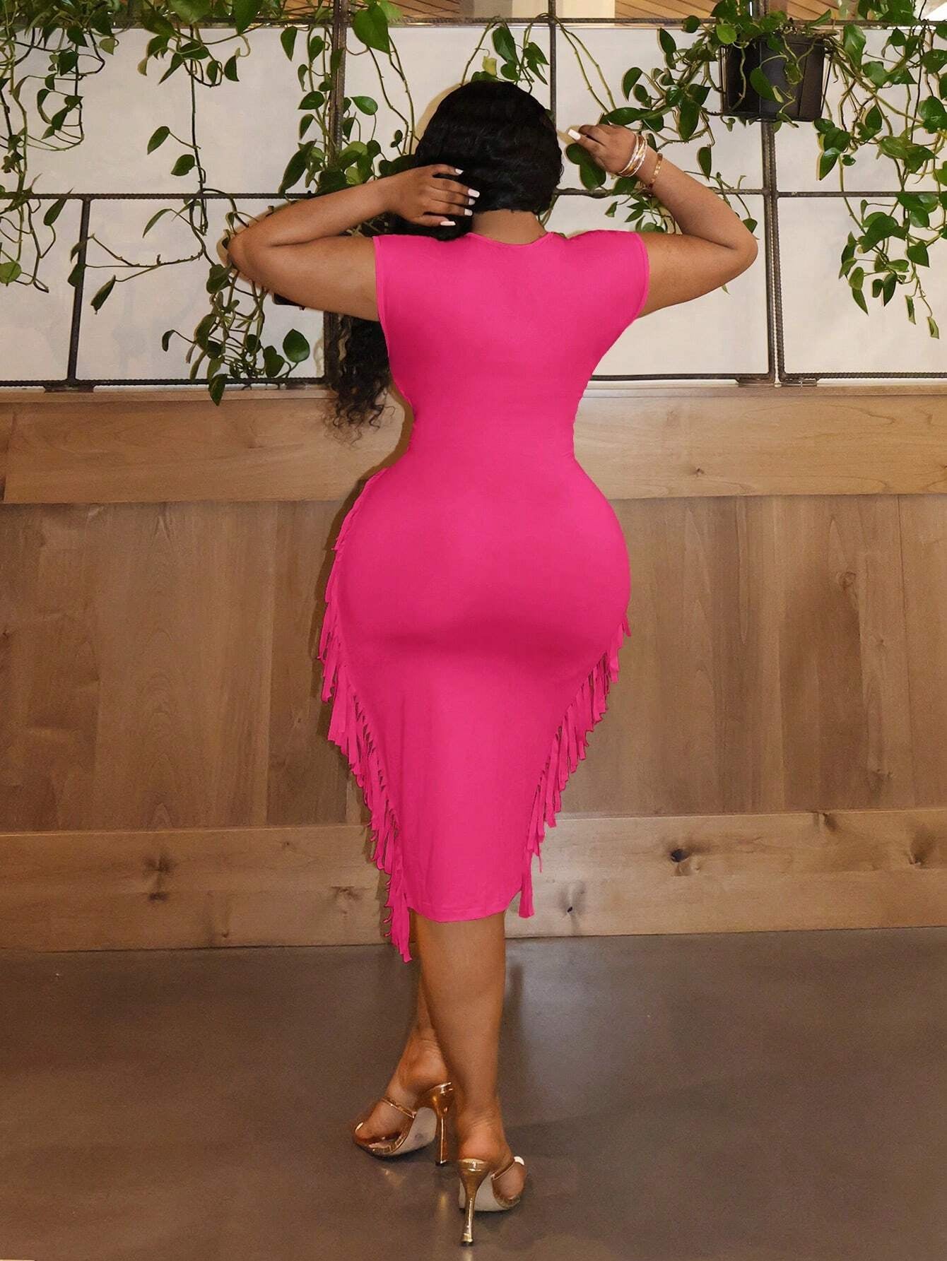 Elegance Solid  Slim Fit Deep V-Neck Fringe Patchwork Midi Dress OMFORT