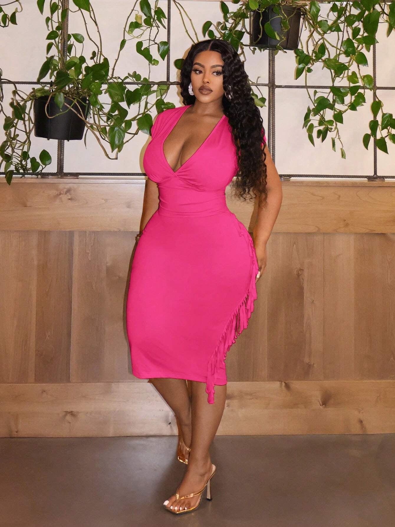 Elegance Solid  Slim Fit Deep V-Neck Fringe Patchwork Midi Dress OMFORT