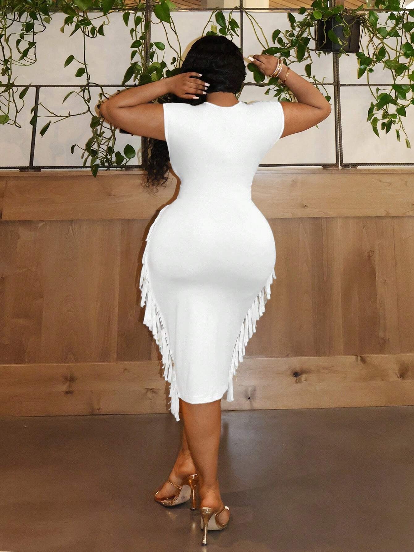 Elegance Solid  Slim Fit Deep V-Neck Fringe Patchwork Midi Dress OMFORT