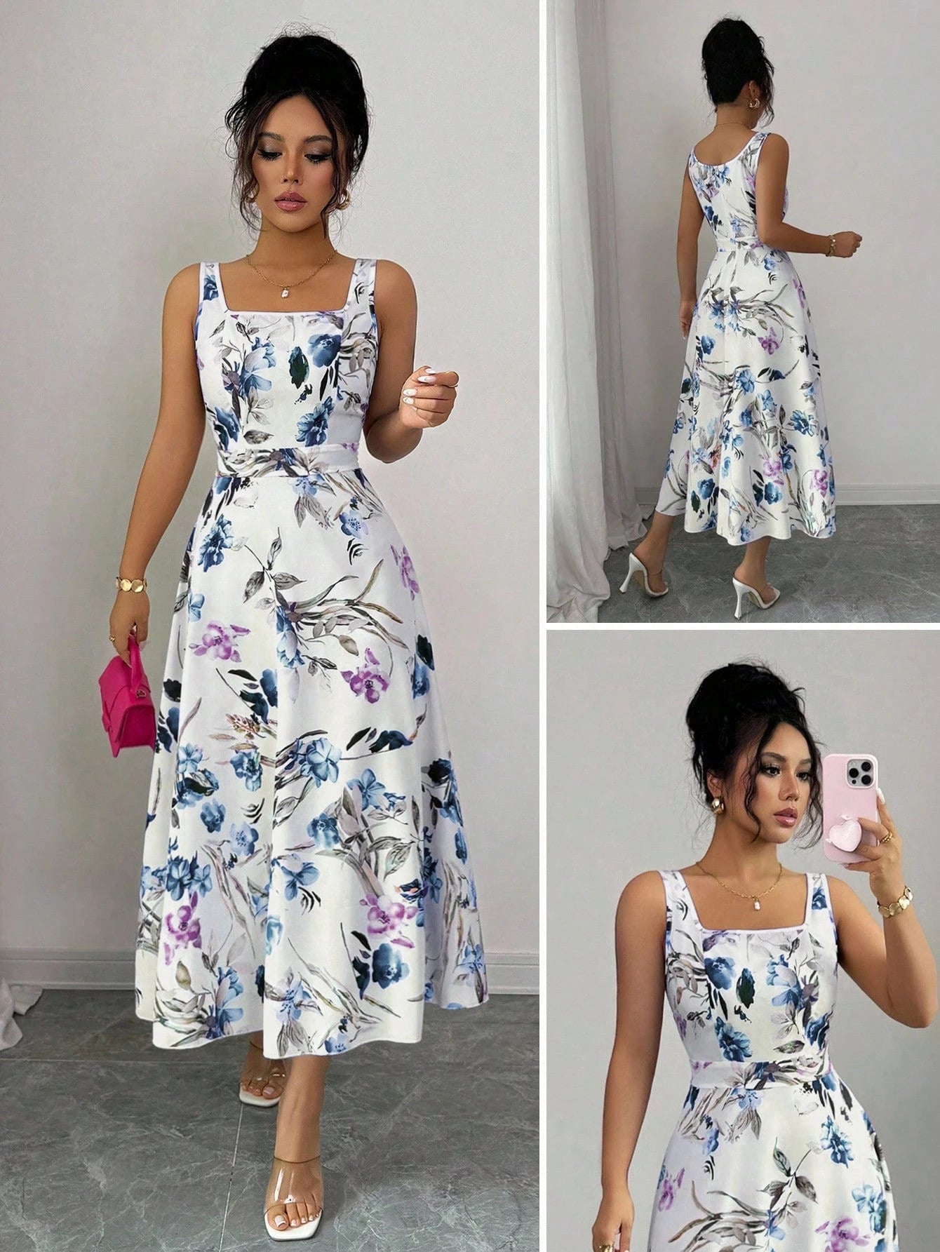 Fashionable Elegant Printed Waist Cinching Dress OMFORT
