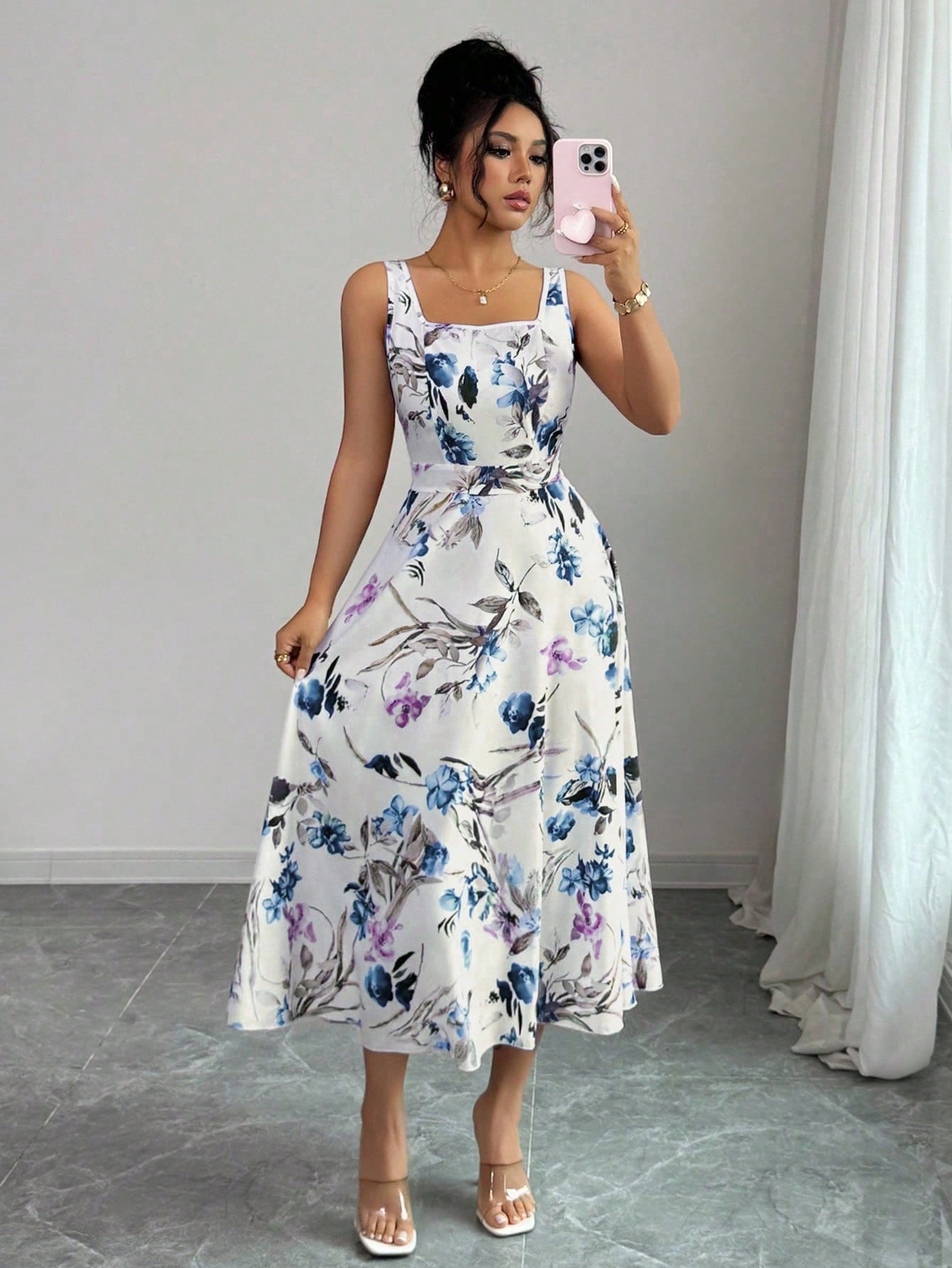 Fashionable Elegant Printed Waist Cinching Dress OMFORT