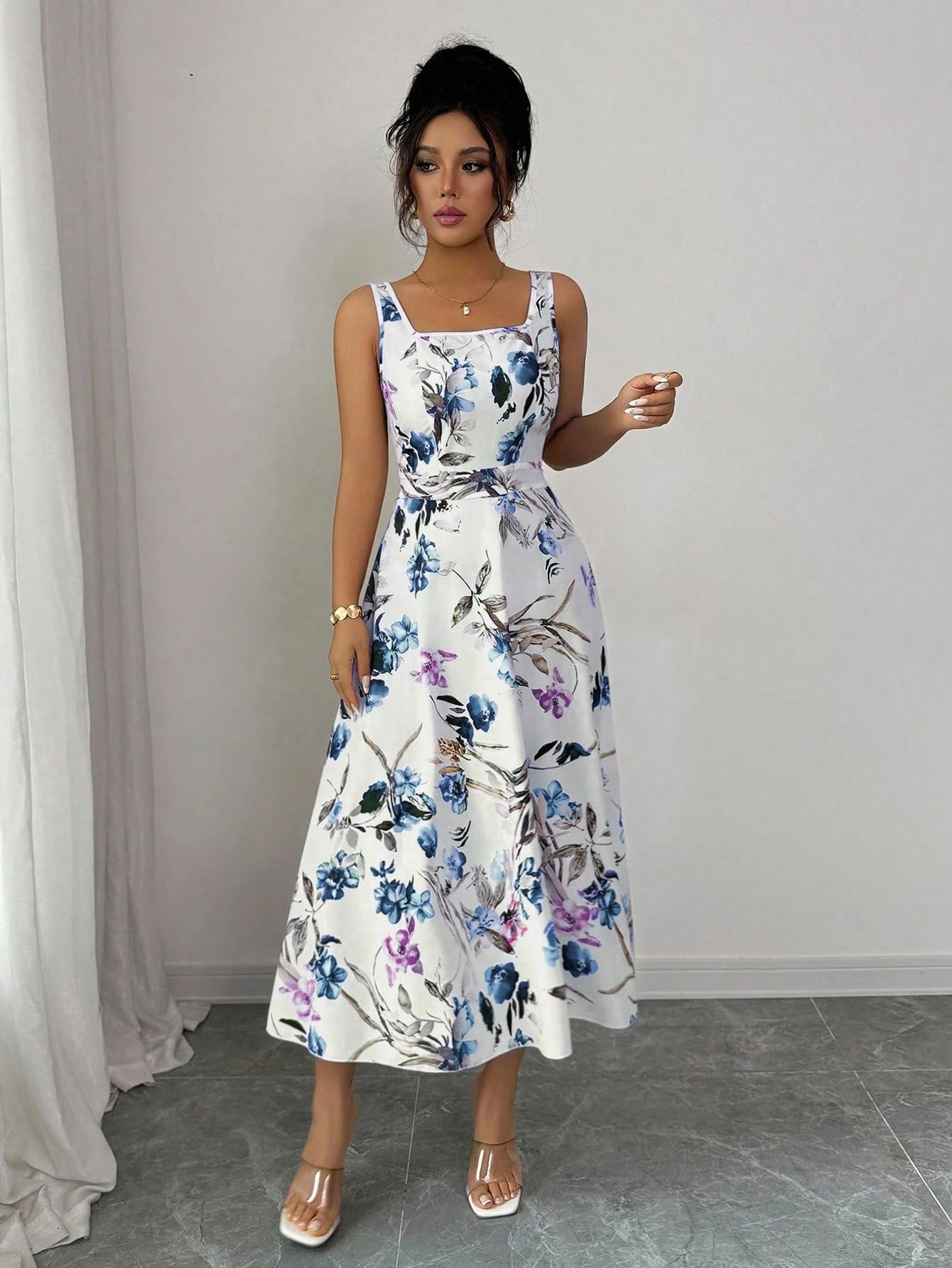 Fashionable Elegant Printed Waist Cinching Dress OMFORT