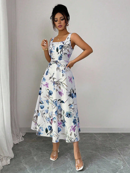 Fashionable Elegant Printed Waist Cinching Dress OMFORT