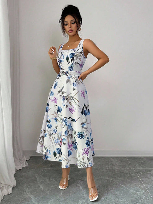 Fashionable Elegant Printed Waist Cinching Dress OMFORT