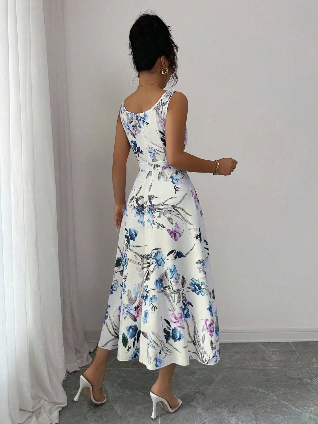 Fashionable Elegant Printed Waist Cinching Dress OMFORT
