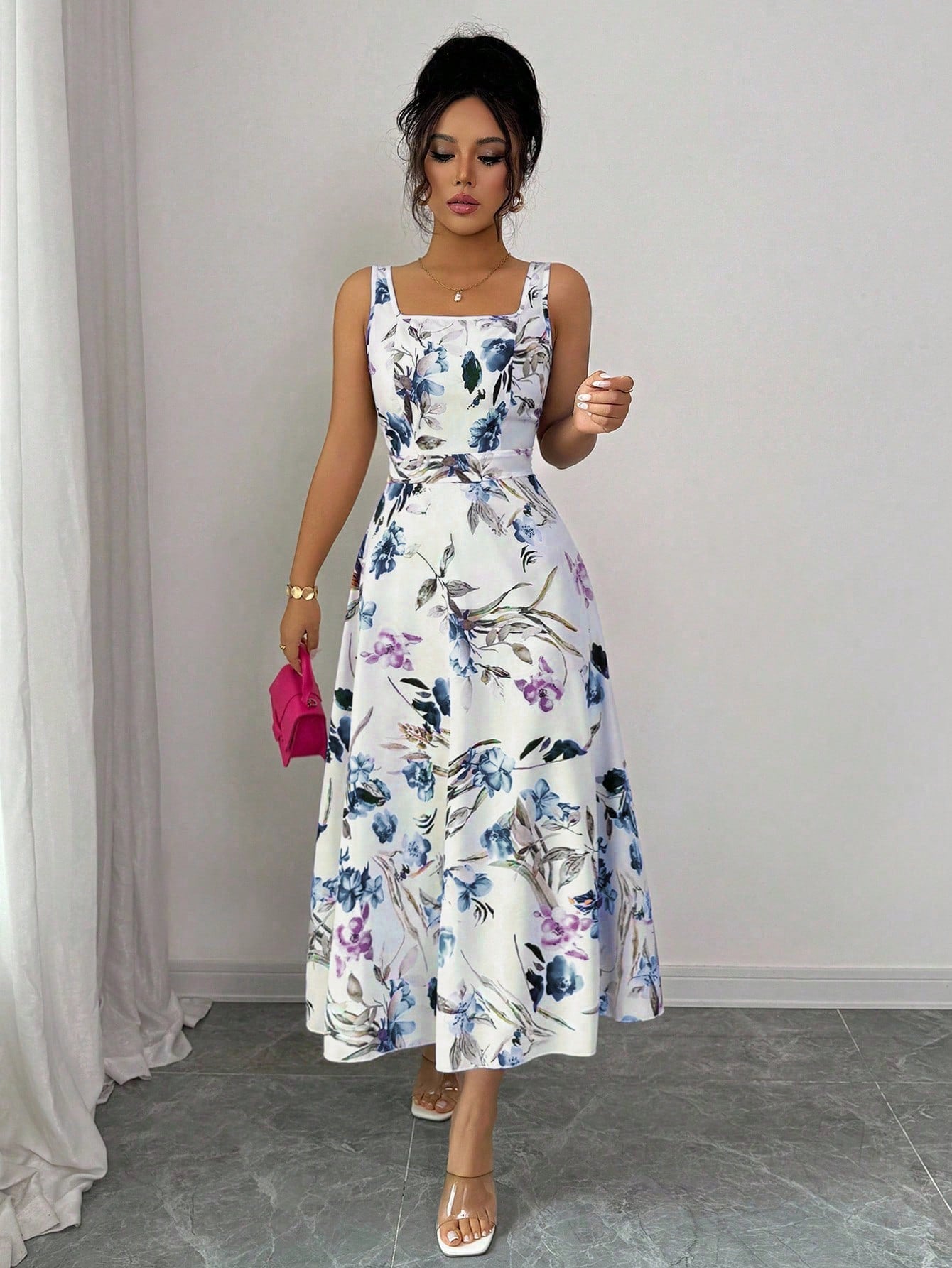 Fashionable Elegant Printed Waist Cinching Dress OMFORT