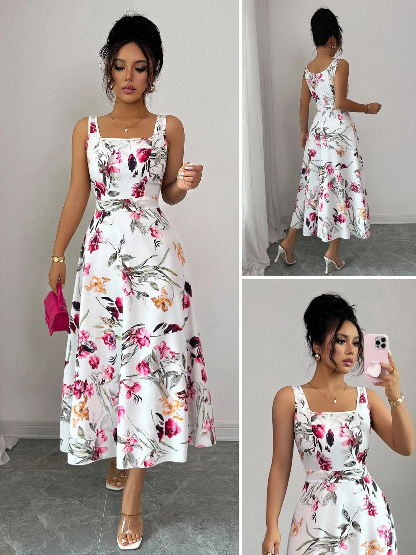 Fashionable Elegant Printed Waist Cinching Dress OMFORT