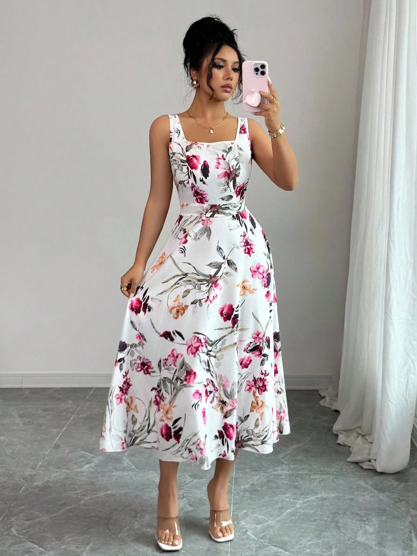 Fashionable Elegant Printed Waist Cinching Dress OMFORT