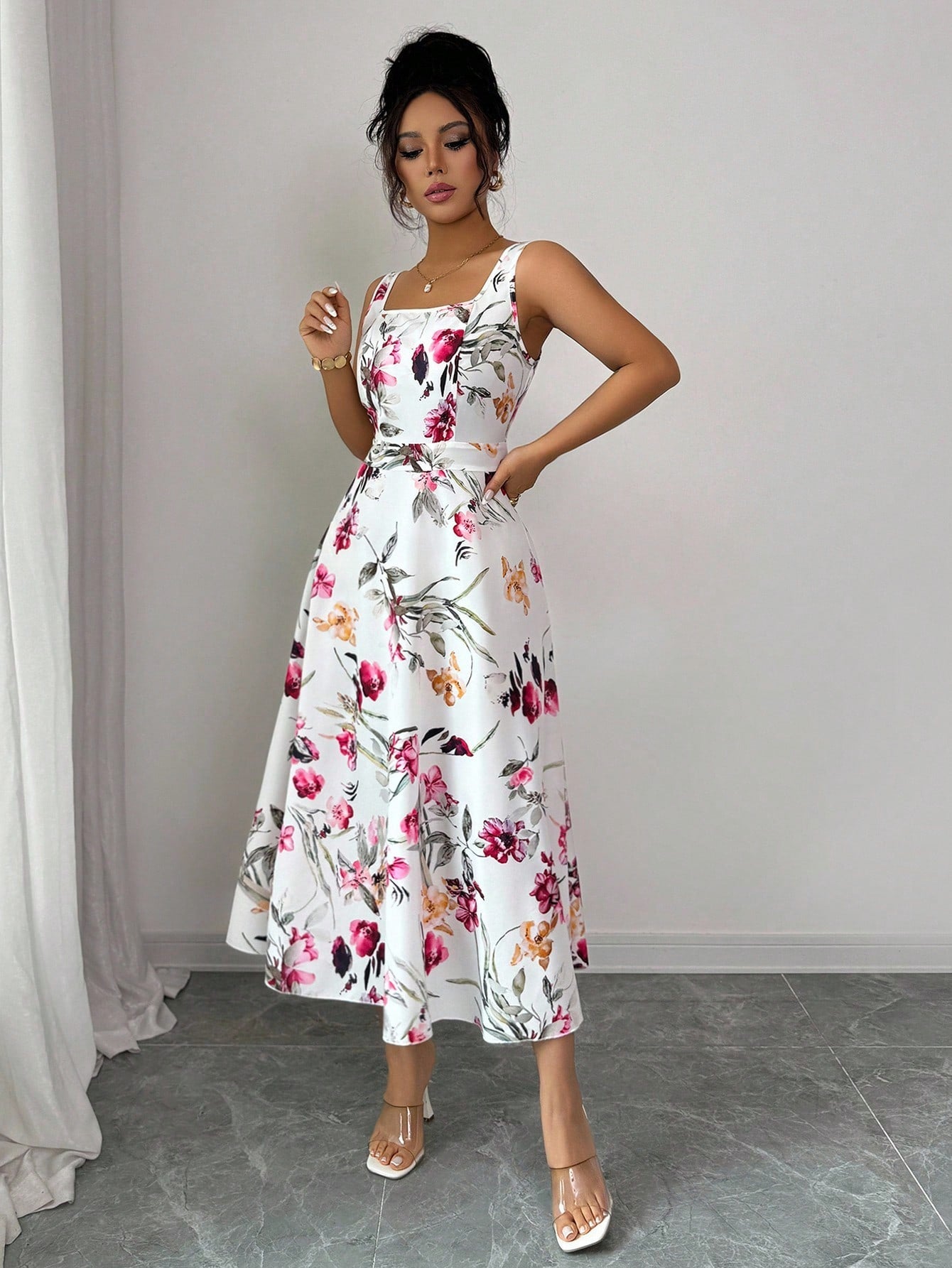 Fashionable Elegant Printed Waist Cinching Dress OMFORT