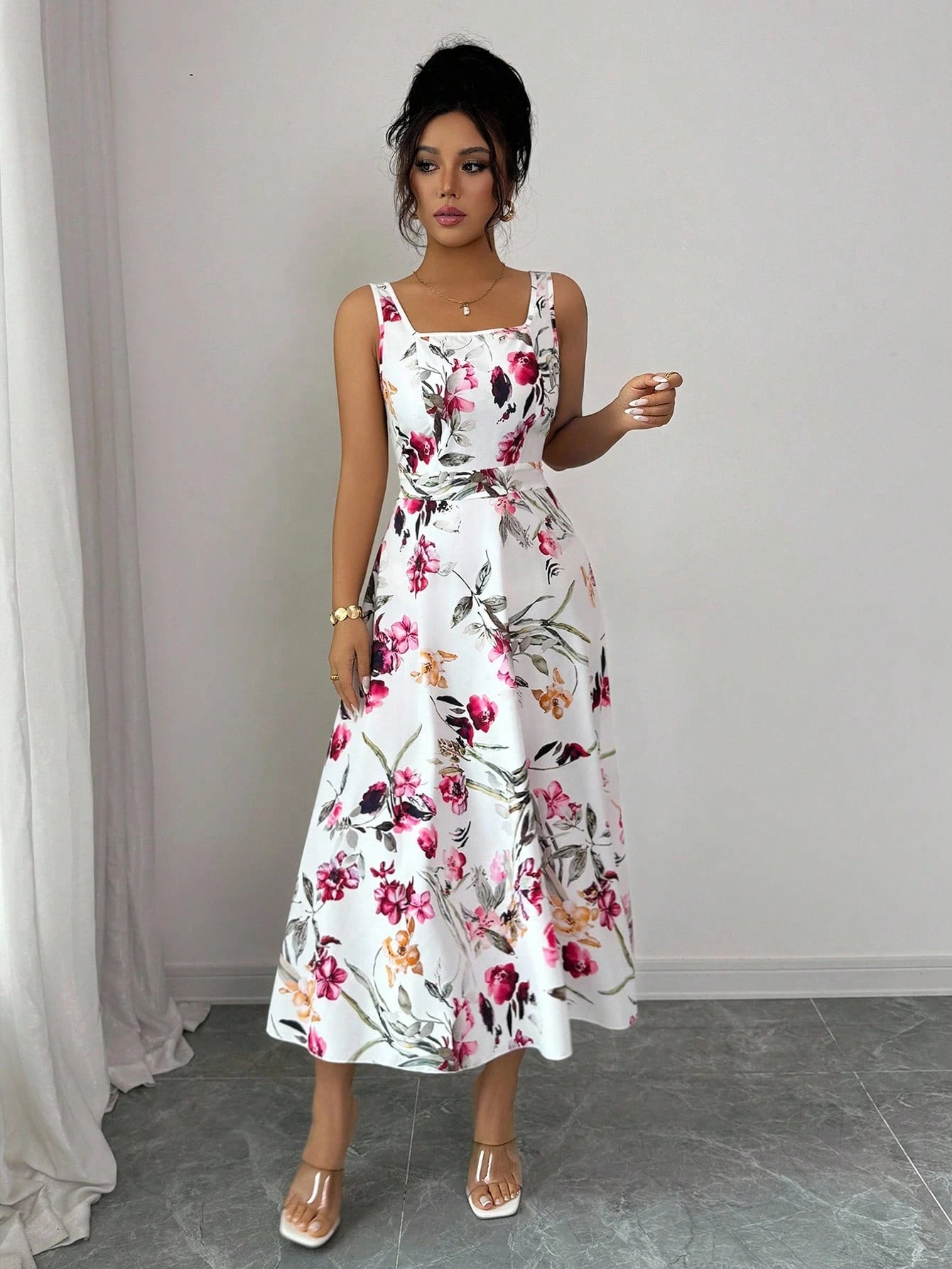 Fashionable Elegant Printed Waist Cinching Dress OMFORT