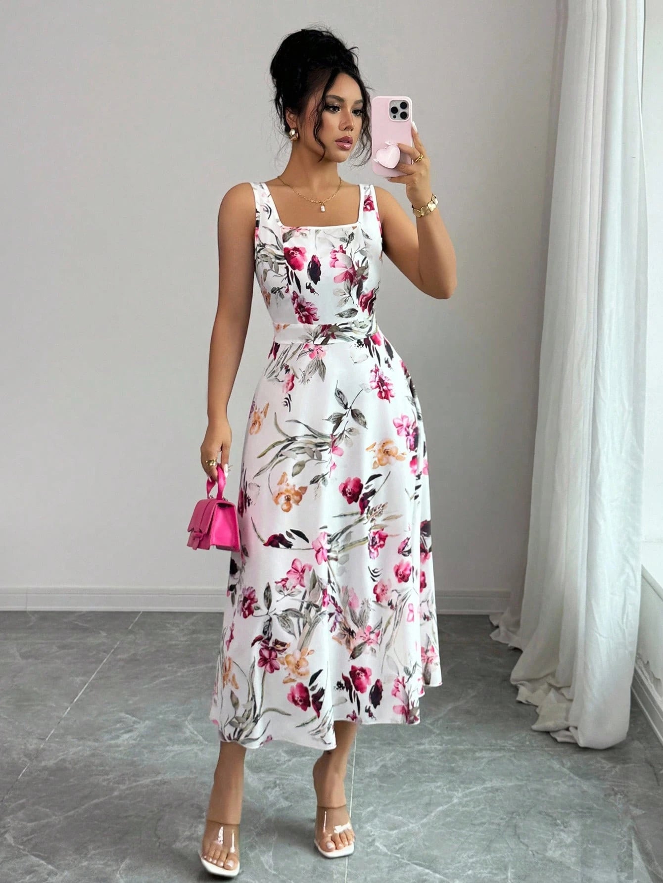Fashionable Elegant Printed Waist Cinching Dress OMFORT