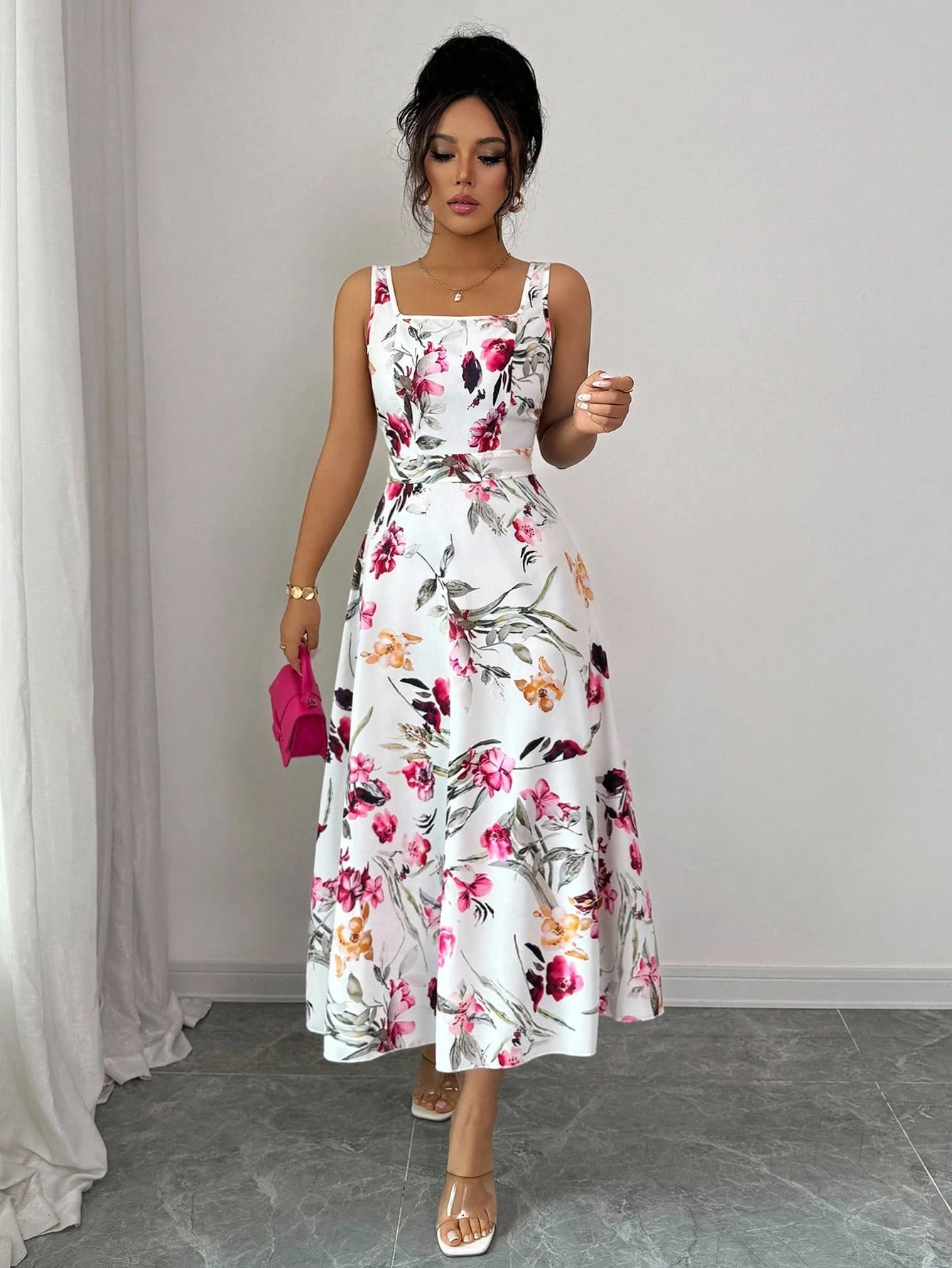 Fashionable Elegant Printed Waist Cinching Dress OMFORT