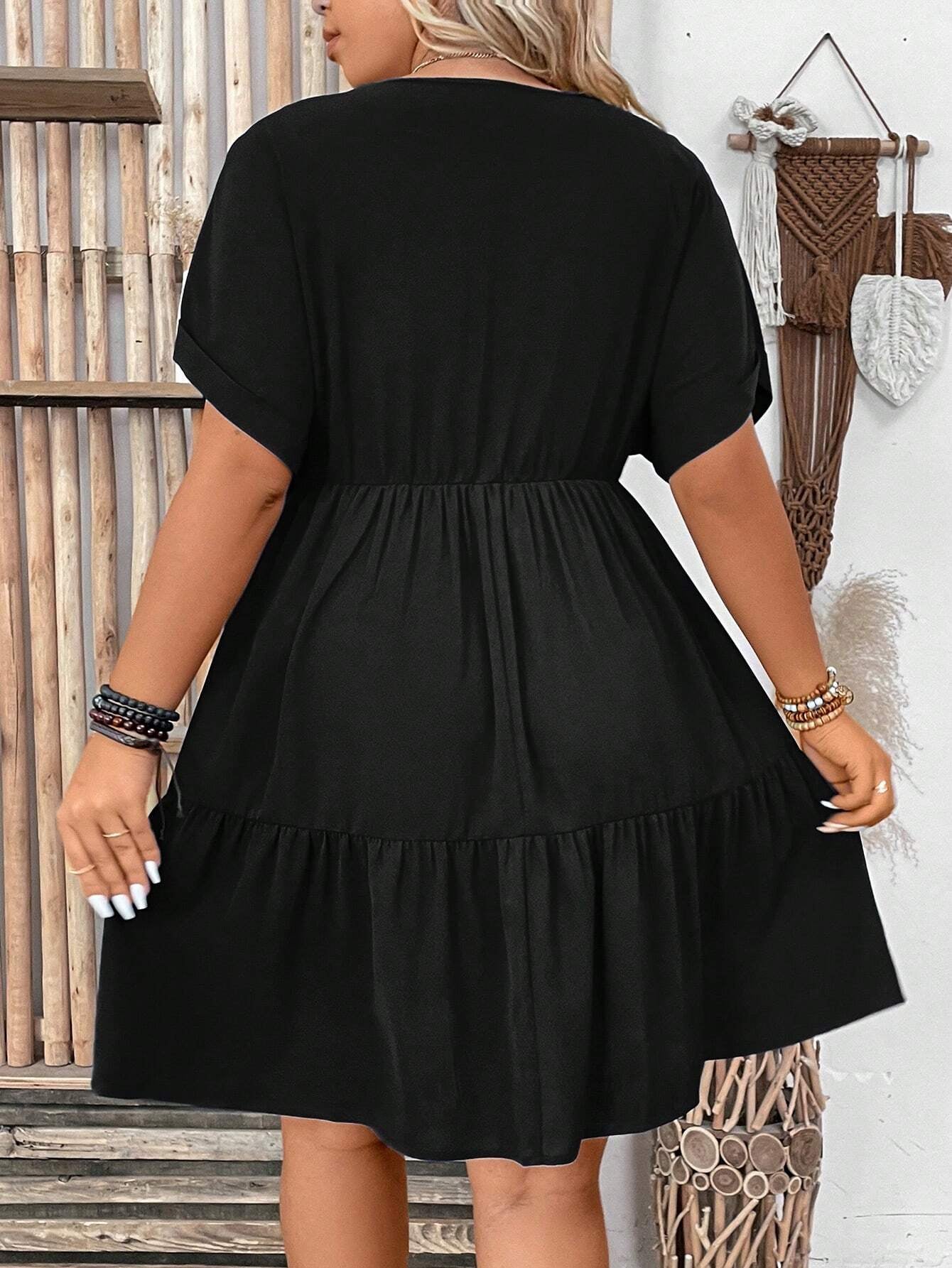 Solid Vacation Deep V-Neck Batwing Short Sleeve Dress OMFORT