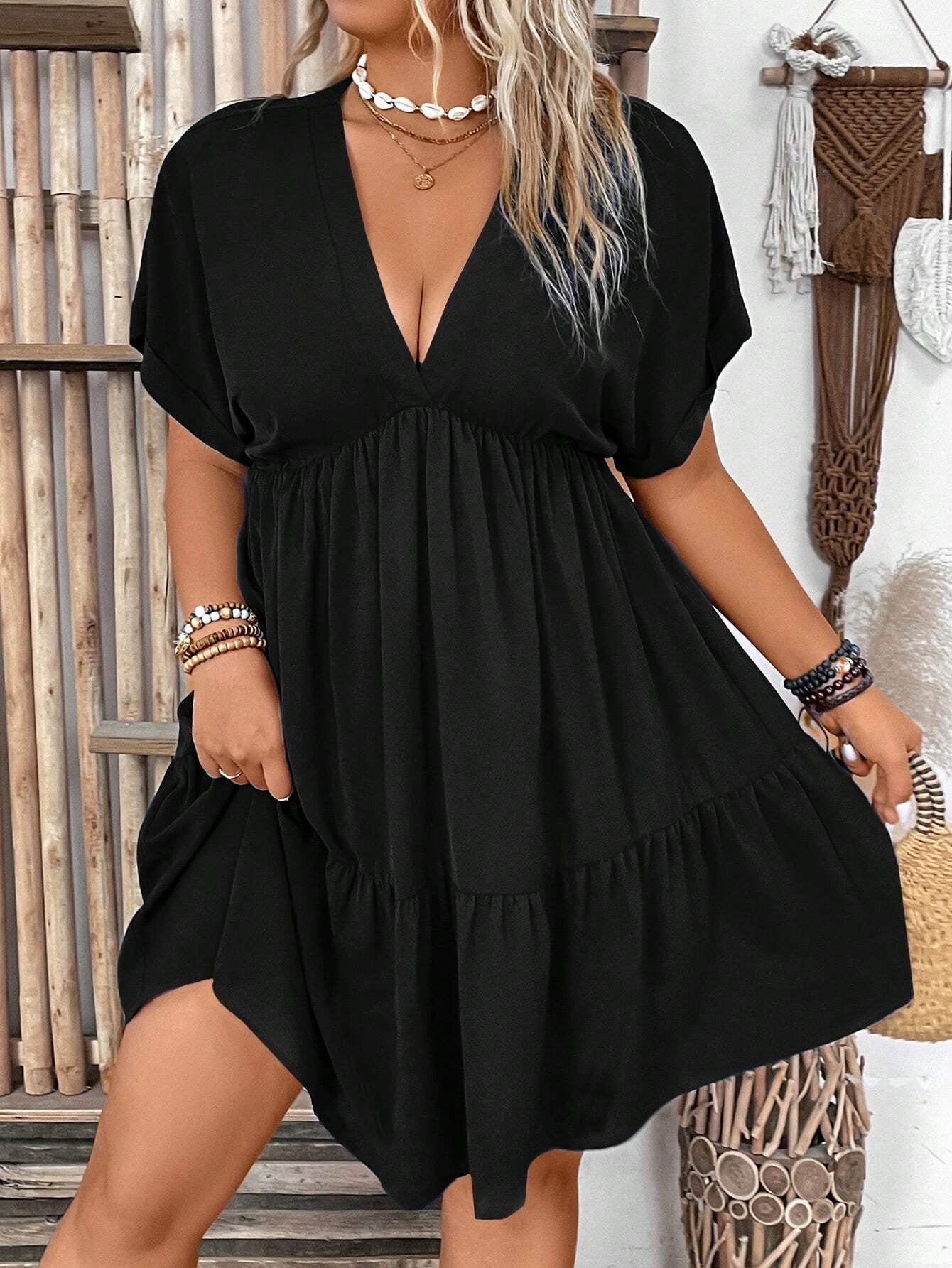 Solid Vacation Deep V-Neck Batwing Short Sleeve Dress OMFORT