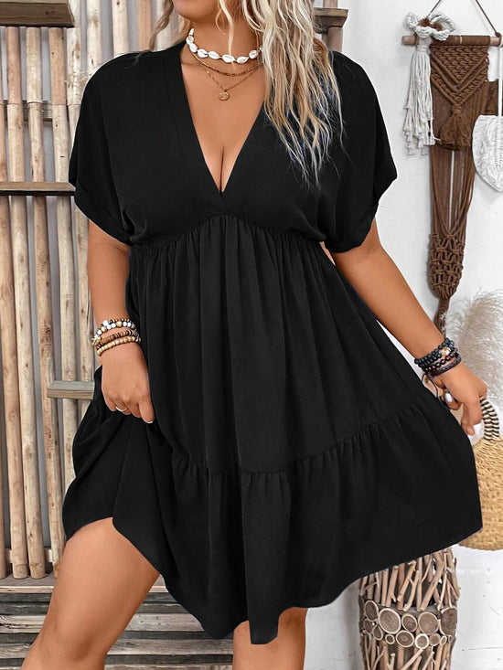 Solid Vacation Deep V-Neck Batwing Short Sleeve Dress OMFORT