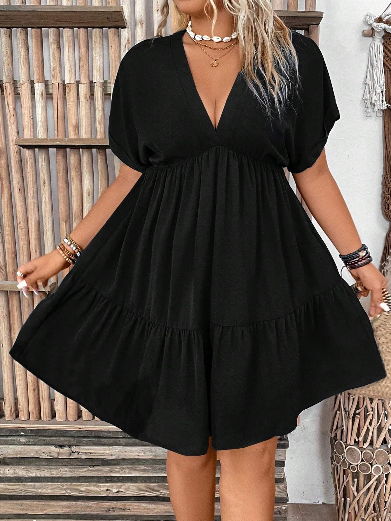 Solid Vacation Deep V-Neck Batwing Short Sleeve Dress OMFORT