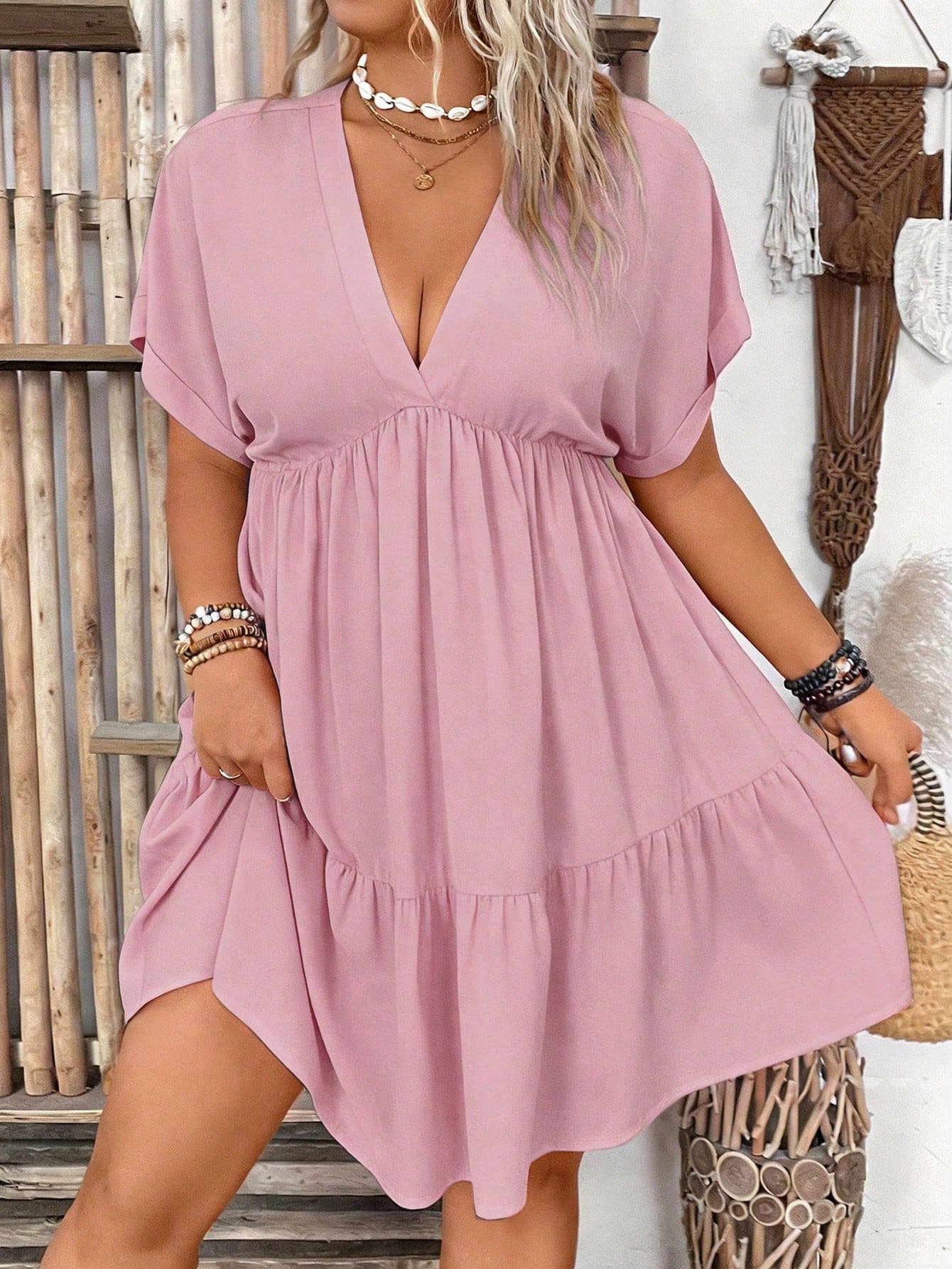 Solid Vacation Deep V-Neck Batwing Short Sleeve Dress OMFORT