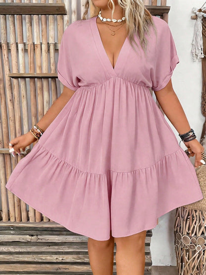 Solid Vacation Deep V-Neck Batwing Short Sleeve Dress OMFORT