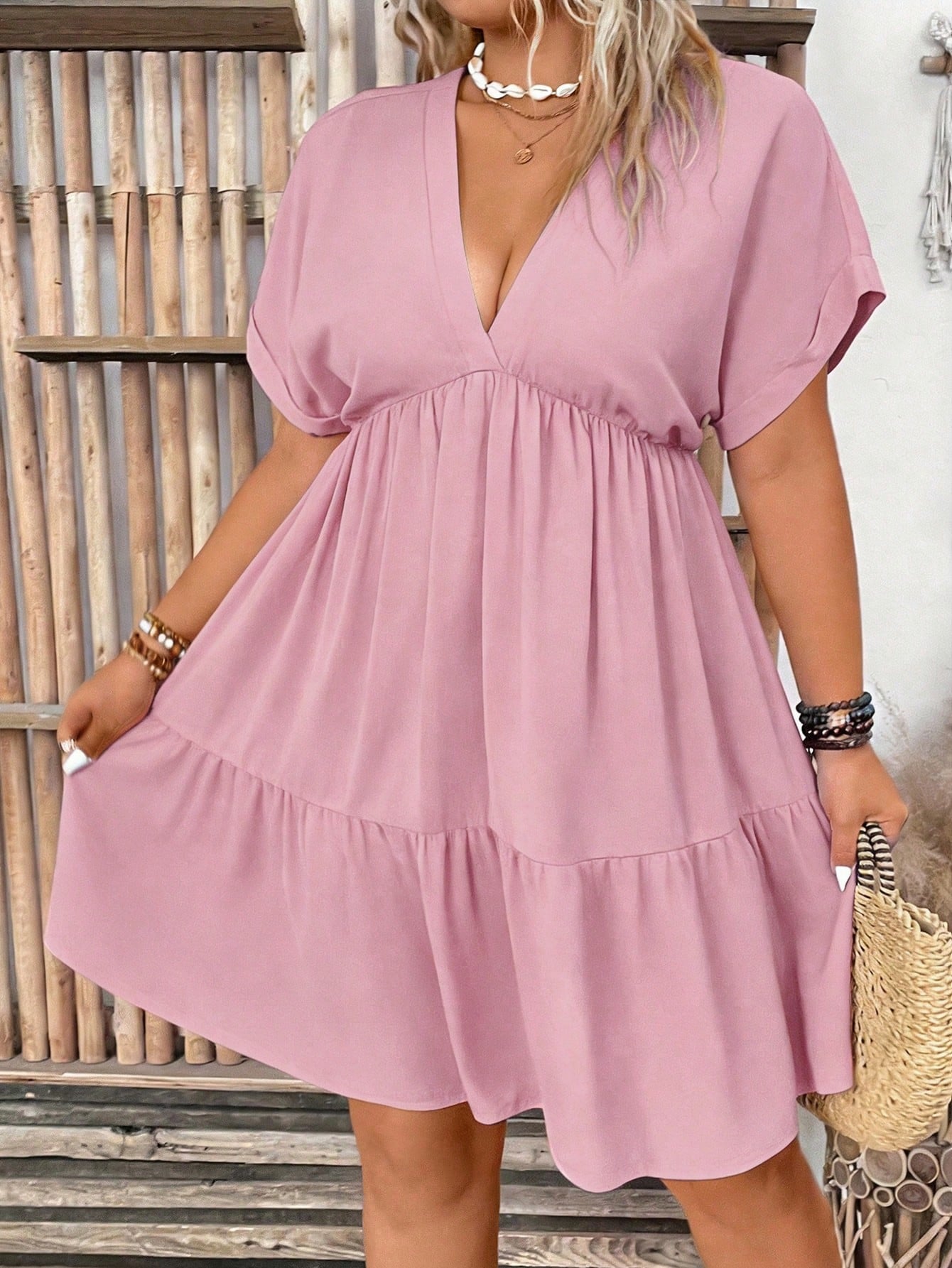 Solid Vacation Deep V-Neck Batwing Short Sleeve Dress OMFORT