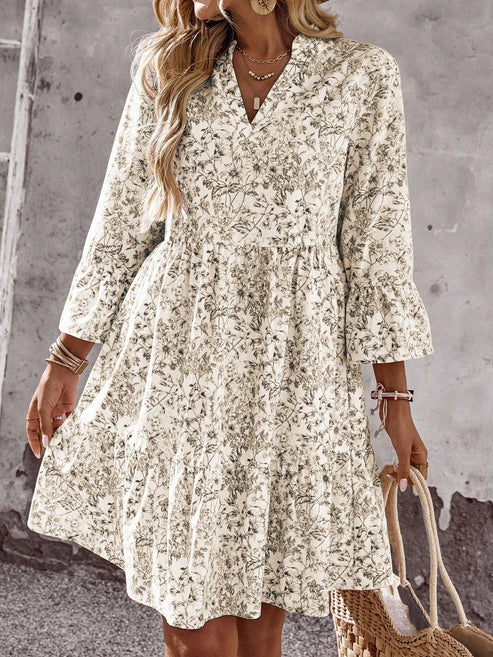 Casual Boho Vacation V-Neck Floral Print Mini Dress OMFORT