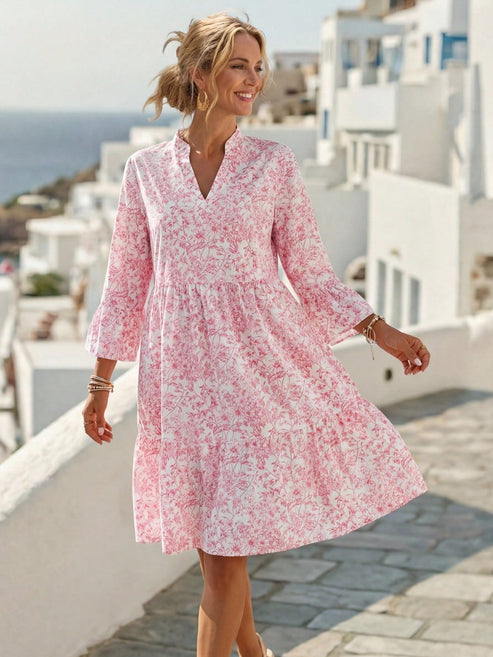 Casual Boho Vacation V-Neck Floral Print Mini Dress OMFORT