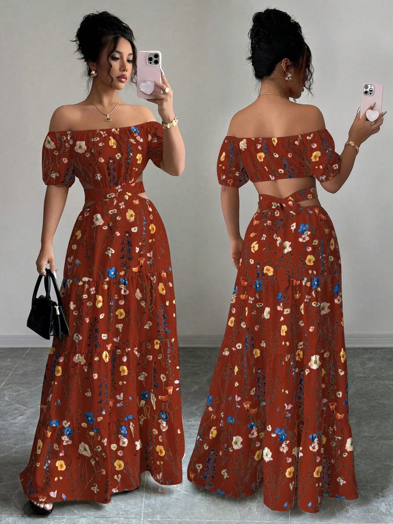 Elegant Floral Off Shoulder Smocked Waist Maxi Dress OMFORT