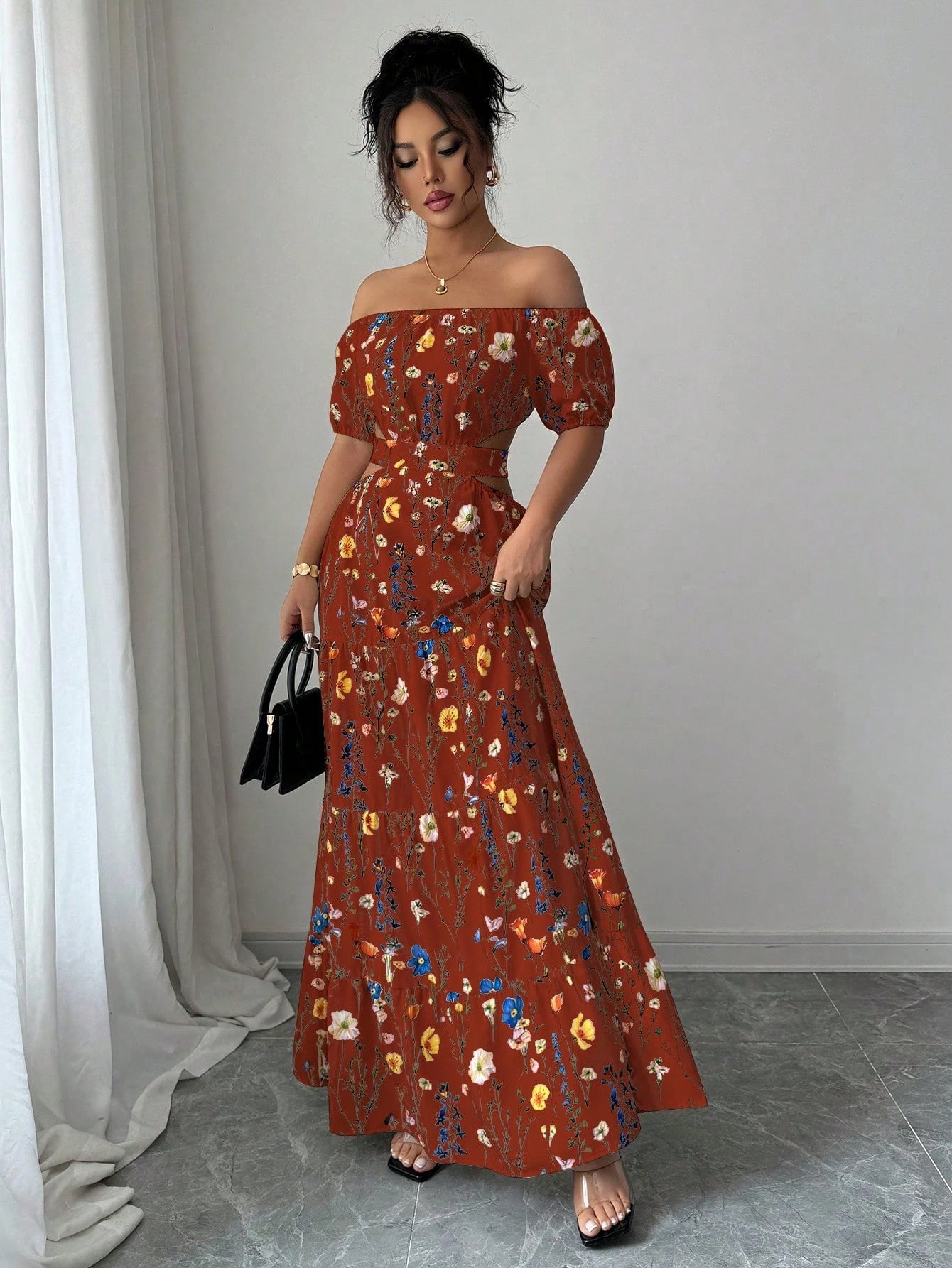 Elegant Floral Off Shoulder Smocked Waist Maxi Dress OMFORT