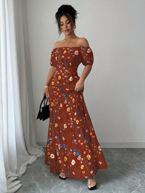 Elegant Floral Off Shoulder Smocked Waist Maxi Dress OMFORT