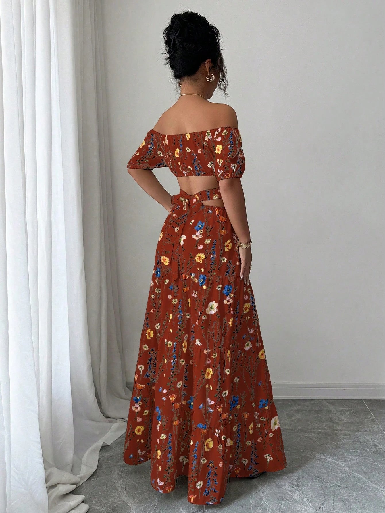 Elegant Floral Off Shoulder Smocked Waist Maxi Dress OMFORT