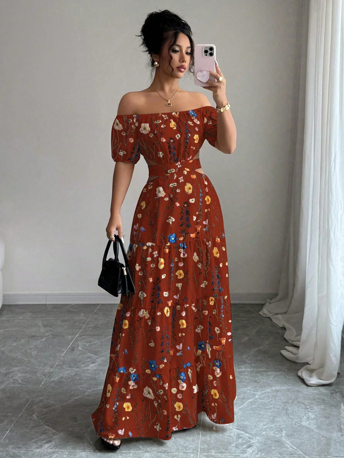 Elegant Floral Off Shoulder Smocked Waist Maxi Dress OMFORT