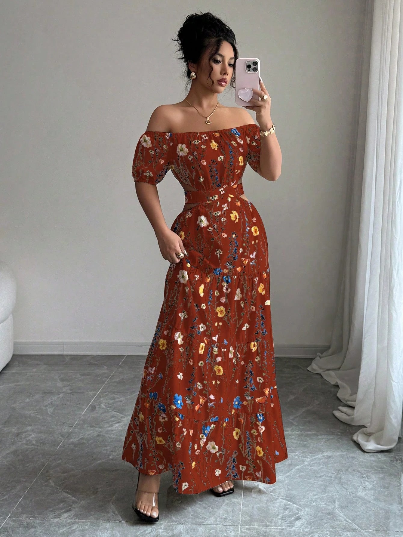 Elegant Floral Off Shoulder Smocked Waist Maxi Dress OMFORT