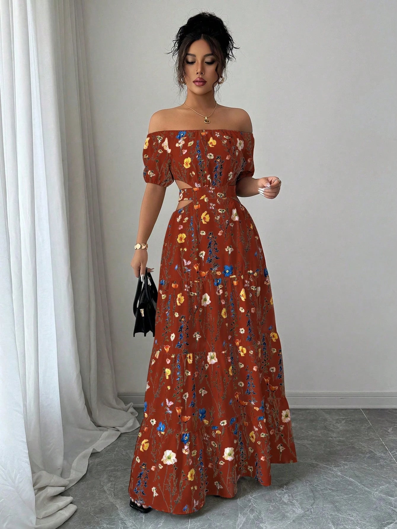 Elegant Floral Off Shoulder Smocked Waist Maxi Dress OMFORT
