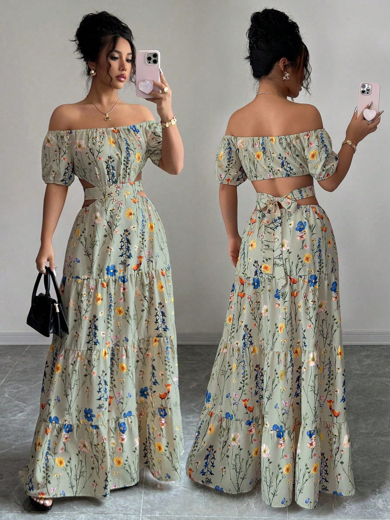 Elegant Floral Off Shoulder Smocked Waist Maxi Dress OMFORT