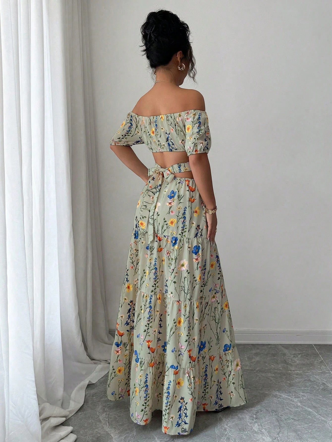 Elegant Floral Off Shoulder Smocked Waist Maxi Dress OMFORT