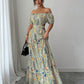 Elegant Floral Off Shoulder Smocked Waist Maxi Dress OMFORT