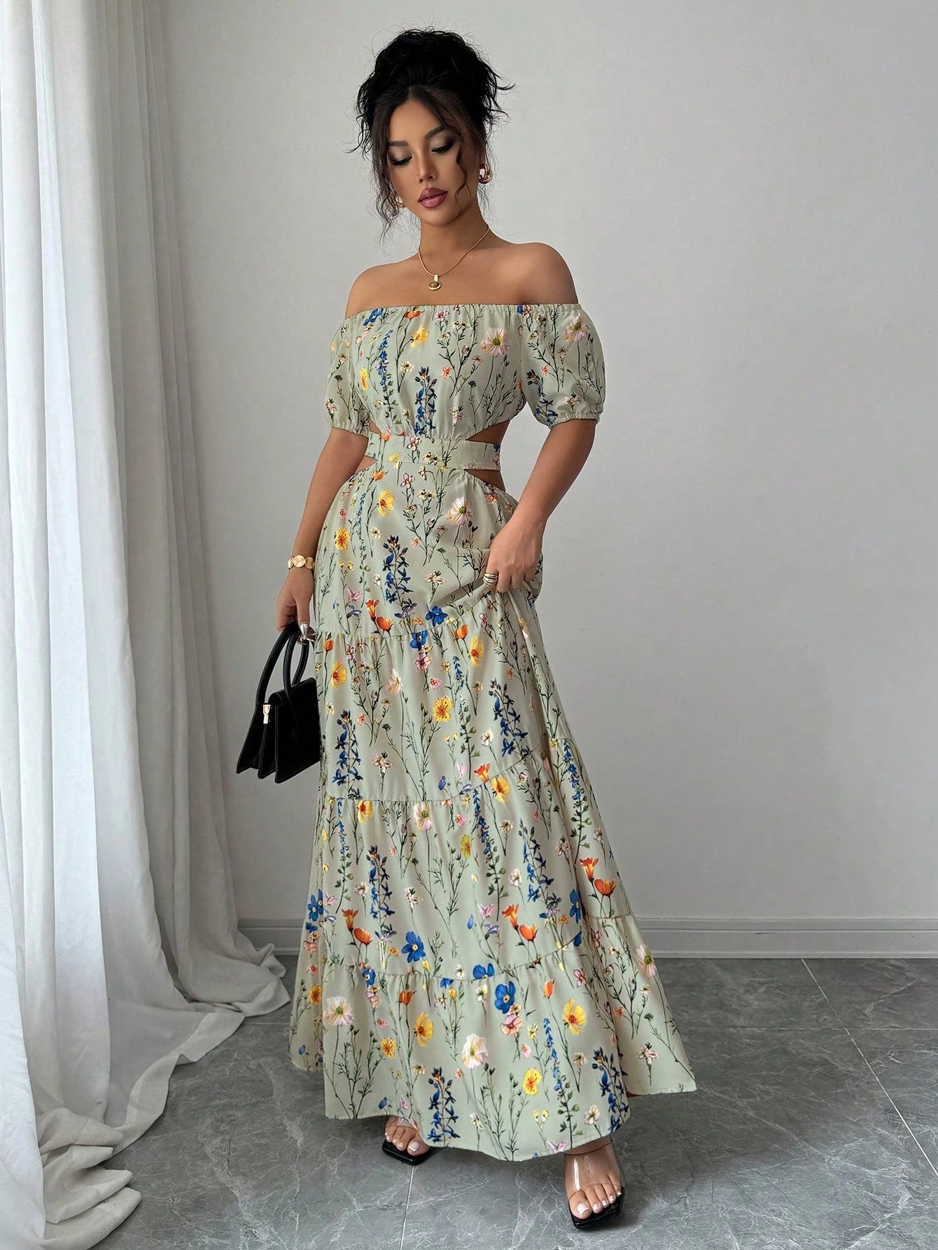 Elegant Floral Off Shoulder Smocked Waist Maxi Dress OMFORT
