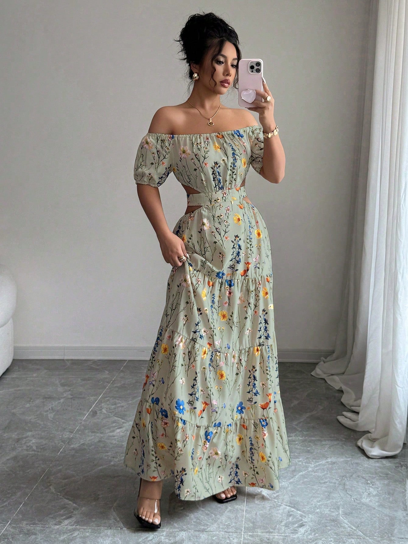 Elegant Floral Off Shoulder Smocked Waist Maxi Dress OMFORT